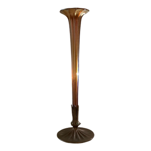 1920s LCT Tiffany Favrile Louis Comfort Furnaces Art Glass Trumpet Vase With Gilt Bronze Base