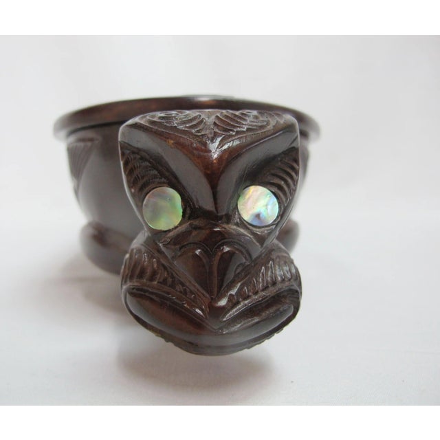 Maori New Zealand Carved Wood Oval Lidded Treasure Box With Abalone Shell For Sale - Image 4 of 13