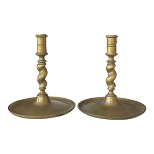 Antique English Turned Brass / Barley Twist Candle Holders - A Pair