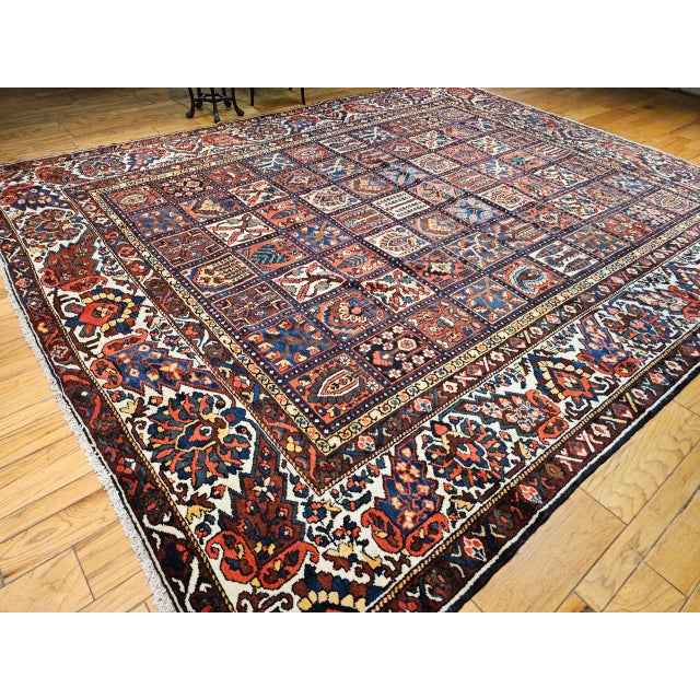Vintage Oversized Persian Bakhtiari Rug, Hand-Knotted wool, Garden Panel Pattern, Burgundy & Blue, 11x14 For Sale - Image 11 of 11