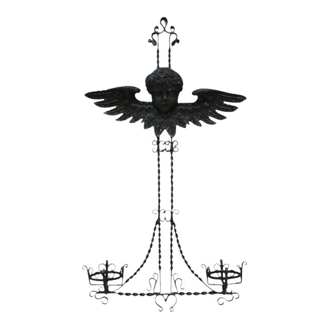 Figural Cherub Wrought Iron Hanging Garden Planter C1920 For Sale