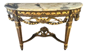 19th Century Rococo Carved Gilt Demilune Wall Mount Table Marble Top Antique