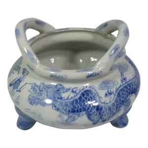 Vintage Asian Porcelain Blue and White Dragon Incense Burner