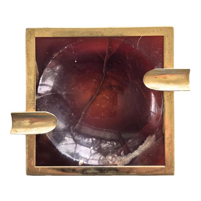 Mid Century Mod Ash Tray Trinket Dish 1950's Amber Onyx and Brass For Sale