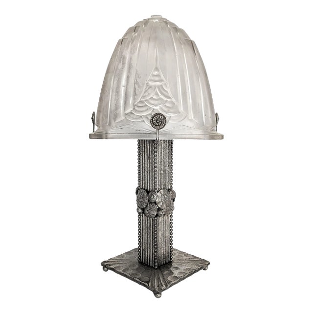 French Art Deco Wrought Iron Table Lamp Signed by Schneider For Sale