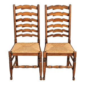 Baker Furniture Style English Country Rustic Carved Solid Oak Ladder Back Dining Chairs With Rush Seats, Pair