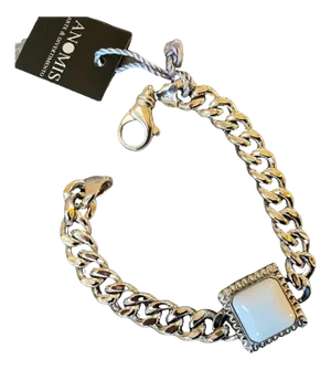 A 1990s Vintage Sterling Silver and White Agate Cabochon Italian Chain Bracelet