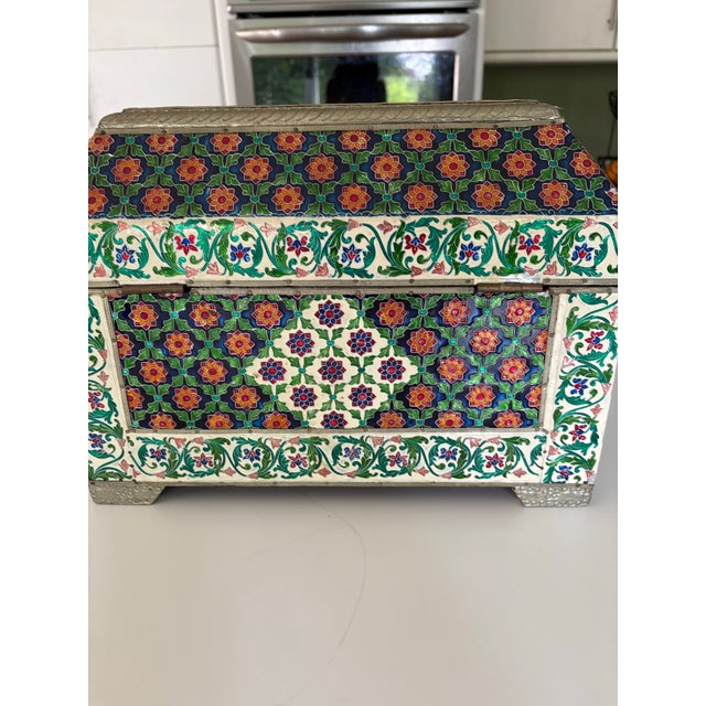 Rare Enamel on Metal Handcrafted Decor Box ( Hinged) Enamel All-Over Silver Trim Wood Interior For Sale - Image 4 of 7