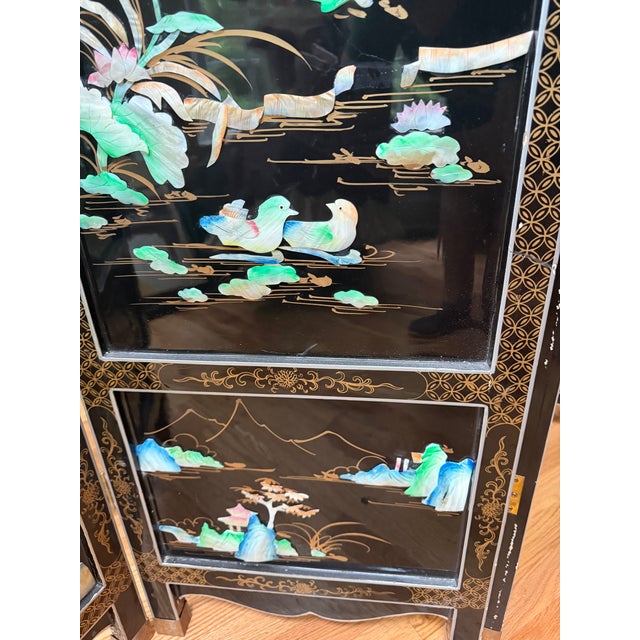 Vintage Chinese Black Lacquer 4-Panel Folding Screen Room Divider - Soapstone & Mother-of-Pearl Inlay For Sale - Image 15 of 18