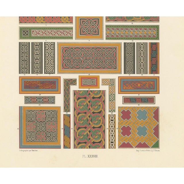 Celtic Knotwork and Borders – Antique Print of Interlacing Patterns, c.1869 This striking chromolithograph from Plate...
