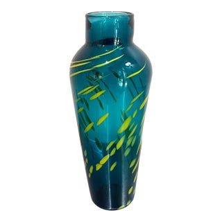 Teal/Yellow Murano-Style Hand Blown Art Glass Vase For Sale