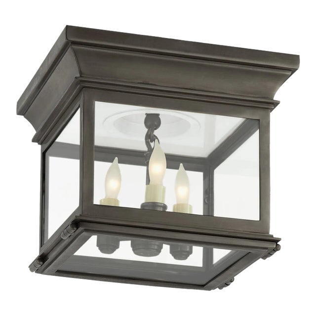 Chapman & Myers for Visual Comfort Signature Club Small Square Flush Mount in Bronze with Clear Glass For Sale