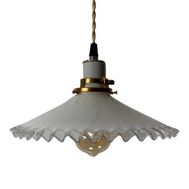 French White Opaline Glass “Frill” Pendant Light, 1930s For Sale