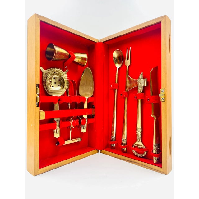 Wood Mid-Century 9-Piece Asian Brass Barstool Set in Original Custom Case For Sale - Image 7 of 13