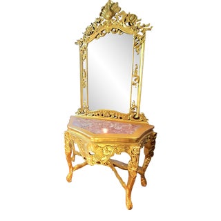 Antique Gold Rococo Carved Wood Console and Mirror For Sale