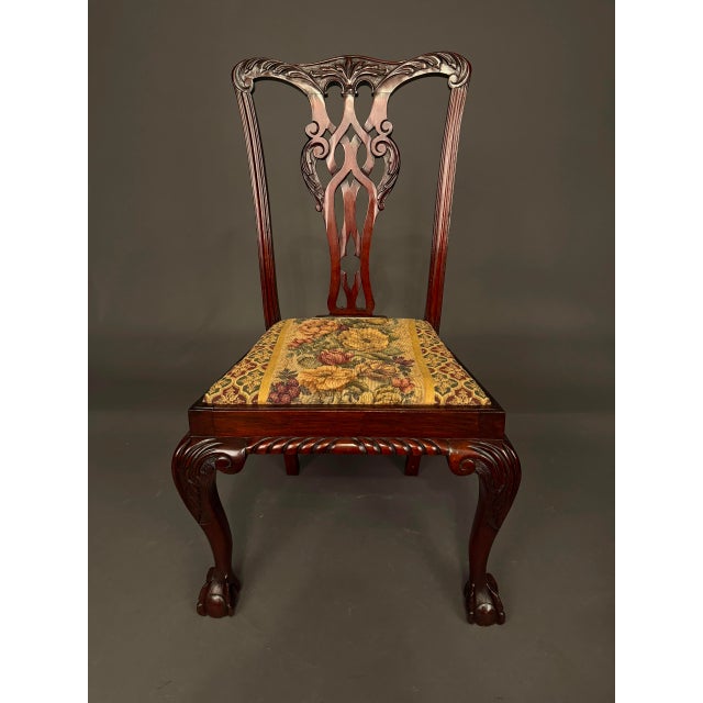 Antique Chippendale Style Mahogany Side Chair Set of 4 With Floral Upholstery, C. 1890 For Sale - Image 14 of 16