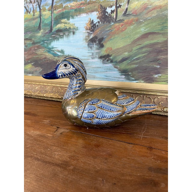 Chinese Vintage Chinese Cloisonné and Ceramic Duck Figurine With Hand-Painted Detailing. For Sale - Image 3 of 9