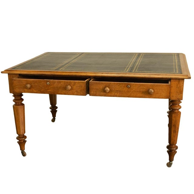 Antique English Oak & Leather Top Double-Sided Library Table Partner's Desk 1860 For Sale In Portland, OR - Image 6 of 13