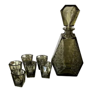1920s Art Deco Period Moiser Black Crystal Decanter & Cordial Set- 7 Pieces