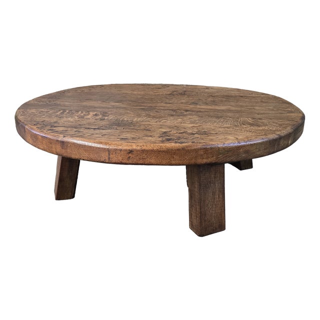 Large Mid-Century Round Oak Coffee Table, 1970s For Sale