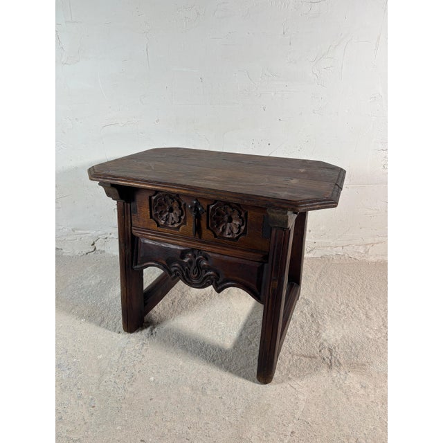 Spanish Castilian Carved Wood Side Table with Iron Hardware, Early 20th Century For Sale - Image 12 of 14