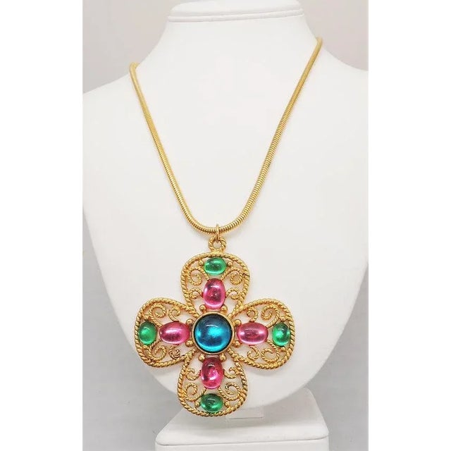 Napier 1992 Vintage Signed Napier Book Piece Pastel Cabochon Pendant Necklace For Sale - Image 4 of 9