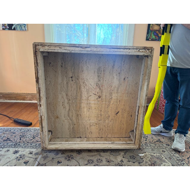1960s Milo Baughman Style Modern Brutalist Minimalist Monolithic Travertine Coffee Table - Marked “Made in Italy” For Sale - Image 11 of 11