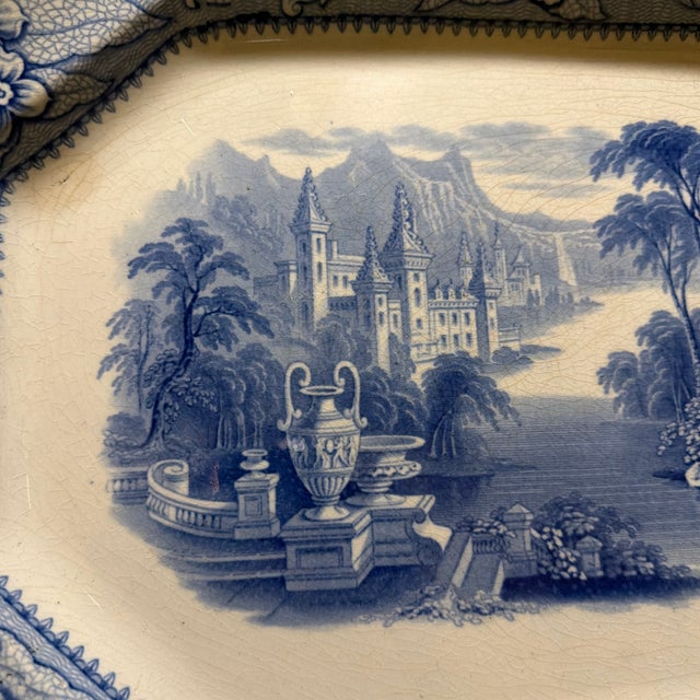 Antique English Blue Transfer Ironstone Octagonal Platter, River and Castle Scene, Circa Mid-19th Century For Sale - Image 4 of 12
