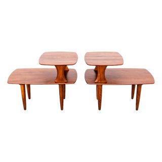 Restored Mid Century Modern Solid Walnut Sculptural Step Tables For Sale