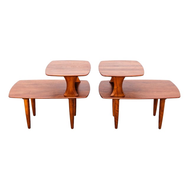 Restored Mid Century Modern Solid Walnut Sculptural Step Tables For Sale