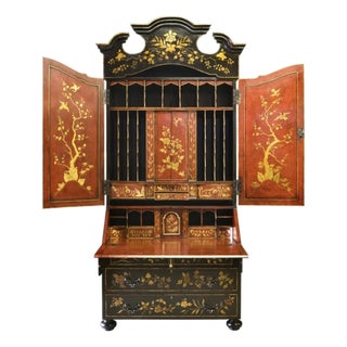 George I Style Black & Gold Chinoiserie Secretary Desk With Red Interior For Sale