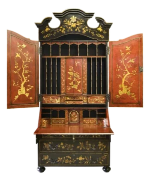 George I Style Black & Gold Chinoiserie Secretary Desk With Red Interior