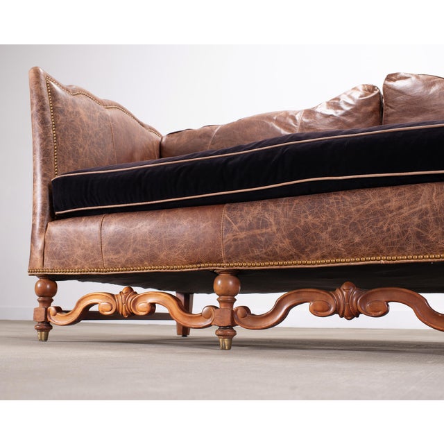 Country English Style Distressed Leather and Walnut Sofa For Sale - Image 13 of 18