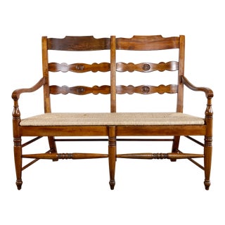 Vintage French Country Style Wood Bench W/ Rush Seat For Sale