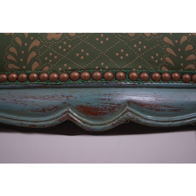 French Green Damask Upholstered Foot Stool or Ottoman For Sale - Image 10 of 12