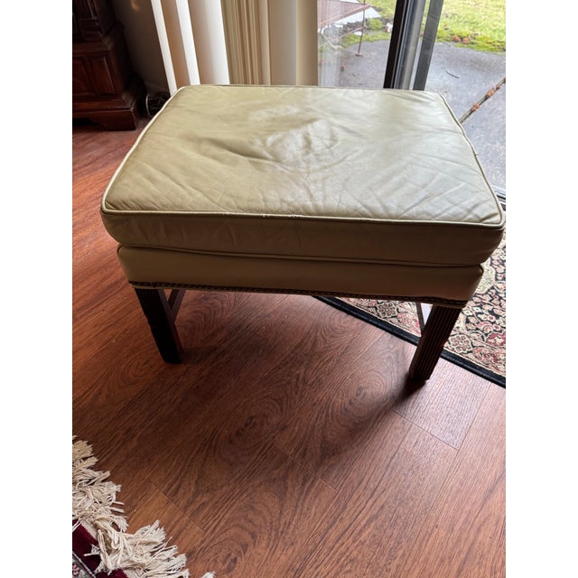 VTG Classic Leather Inc Mahogany Chippendale Wingback Chair Ottoman Beige Set For Sale - Image 13 of 15