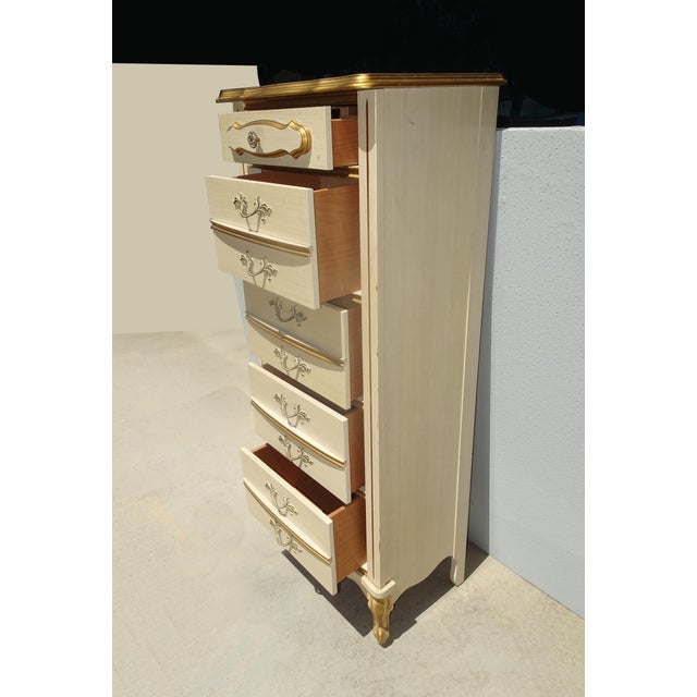 French Provincial Dresser Vintage French Provincial Tallboy Dresser Lingerie Chest Brass #2 For Sale - Image 3 of 15