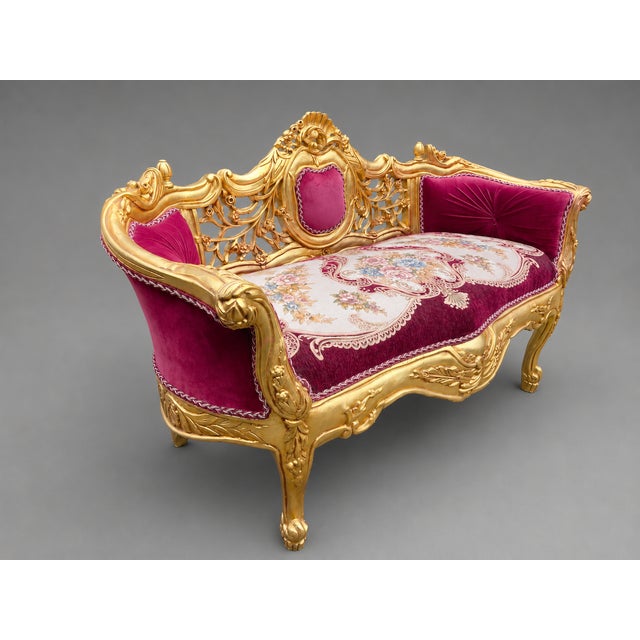 Late 20c French Louis XVI Red Velvet Gilt Beech Settee For Sale - Image 12 of 13