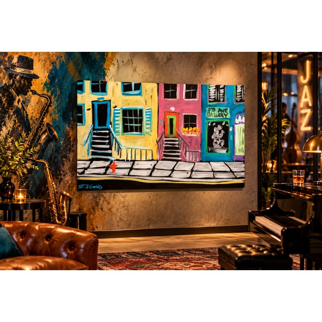 Yellow Fine Painting by e.j. Gold, “5th Avenue Gallery” — Original Signed Acrylic on Canvas, 24 X 36 For Sale - Image 8 of 9