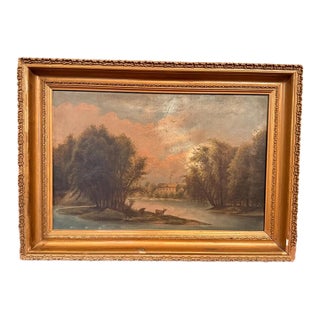 Antique Pastoral Landscape Oil Painting in Ornate Gold Frame, Original 19th Century River Scene With Cows, Vintage Fine Art Wall Decor For Sale