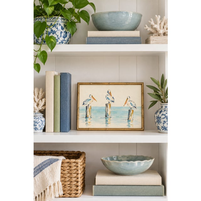 Traditional Coastal Pelican Art Print – Three Pelicans on Harbor Posts, 12" X 8" For Sale - Image 3 of 7