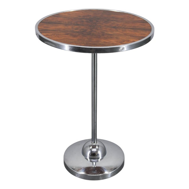 Vintage Czechoslovakian Round Side Table in Walnut and Chrome, 1950s For Sale