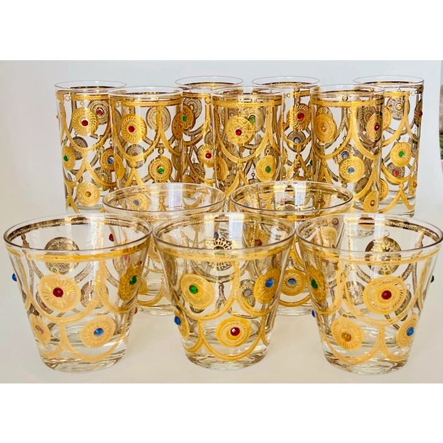 Culver Ltd. Vintage Rare Mid-Century Culver Ltd. “Jeweled Ornaments” 22k Gold Glassware Set – 12 Pieces (7 Highball, 5 Whiskey) For Sale - Image 4 of 12