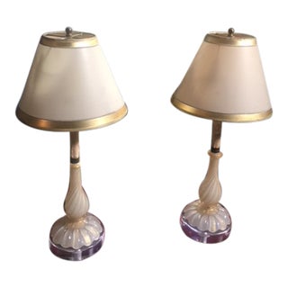 Vintage Murano Opaline & Gold Candle Lamps on Lucite Base - a Pair For Sale