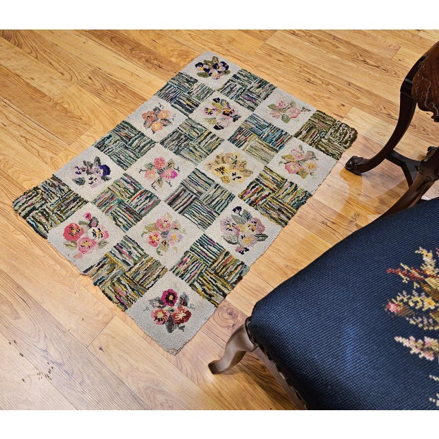 Vintage American Hand Hooked Rug, Block Design, Folk Art Tapestry, 2x3 For Sale - Image 12 of 13