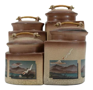 1980s Ken Jensen Raku Southwestern Lidded Pottery Jars, Signed - Set of 4