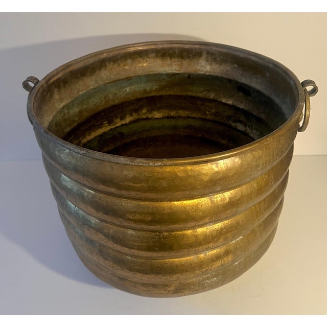 Solid Brass Ribbed Jardiniere Planter with Decorative Ring Handles For Sale - Image 11 of 12