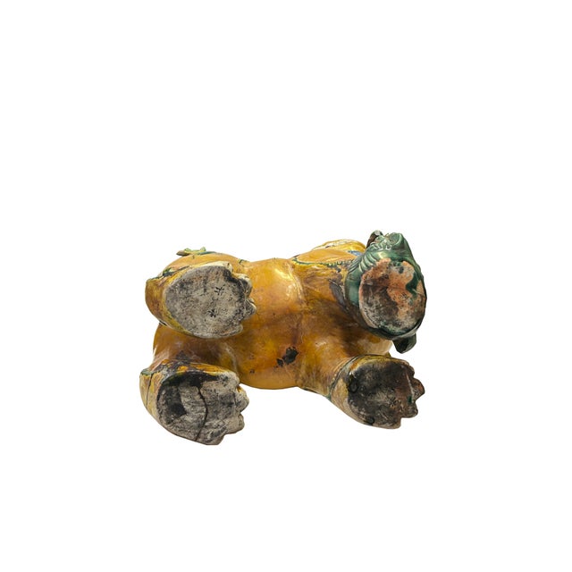 Pair Vintage Chinese Yellow Green Ceramic Fengshui Foo Dog Lion Figures For Sale - Image 9 of 9