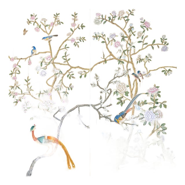 Hand‑Painted Gold Foil Chinoiserie Mural Panels, Exotic Bird & Floral Motifs, Set of 2 For Sale