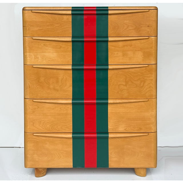 Mid 20th Century Mid 20th Century Heywood Wakefield Tall Maple Chest, Painted Stripes. 5 Drawer For Sale - Image 5 of 9